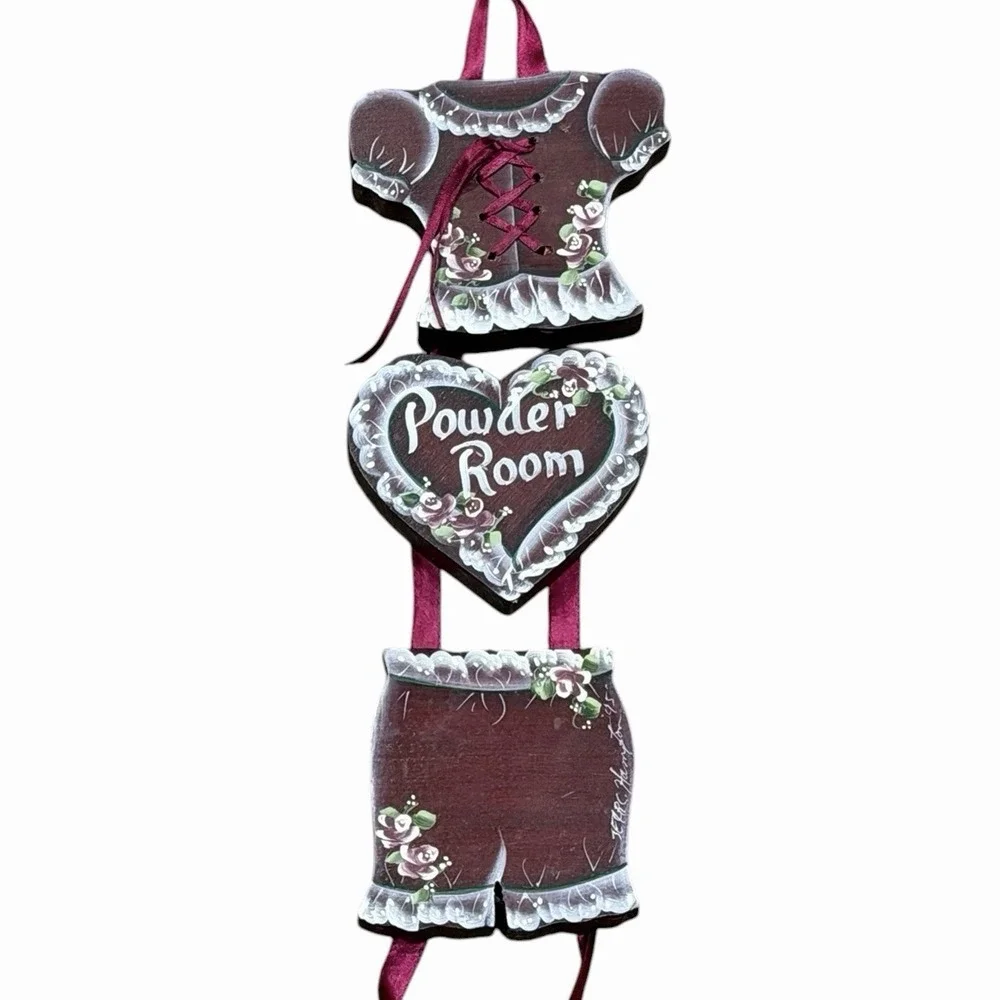 Vintage Wooden Hanging Powder Room Sign Heart Farmhouse Hand Painted Cottage